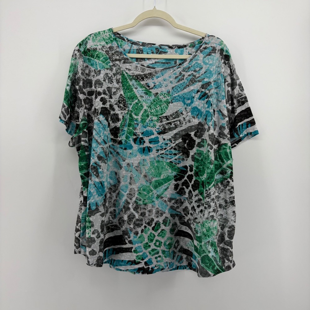 Allison Daley Womens 3X Teal Green Animal Tropical Print Rhinestone Knit Top